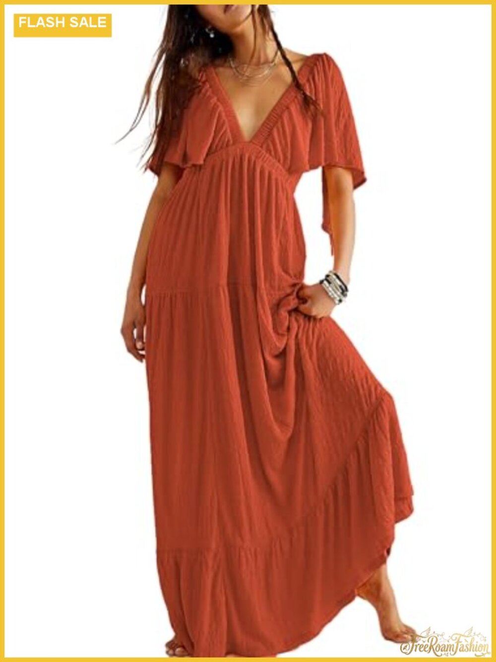 V-Neck Maxi Dress Backless Flutter Sleeve Tiered Ruffle Elastic Waist Flowy